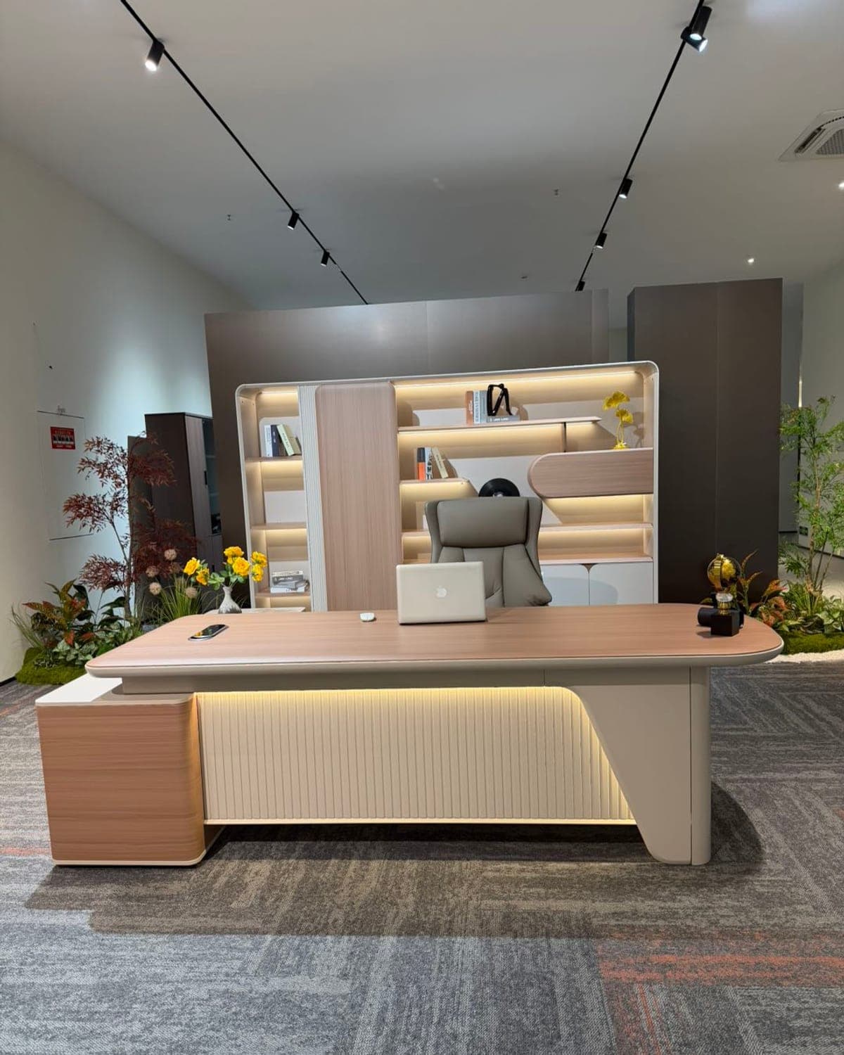 The Gallery Wall lit shelving unit behind an executive desk