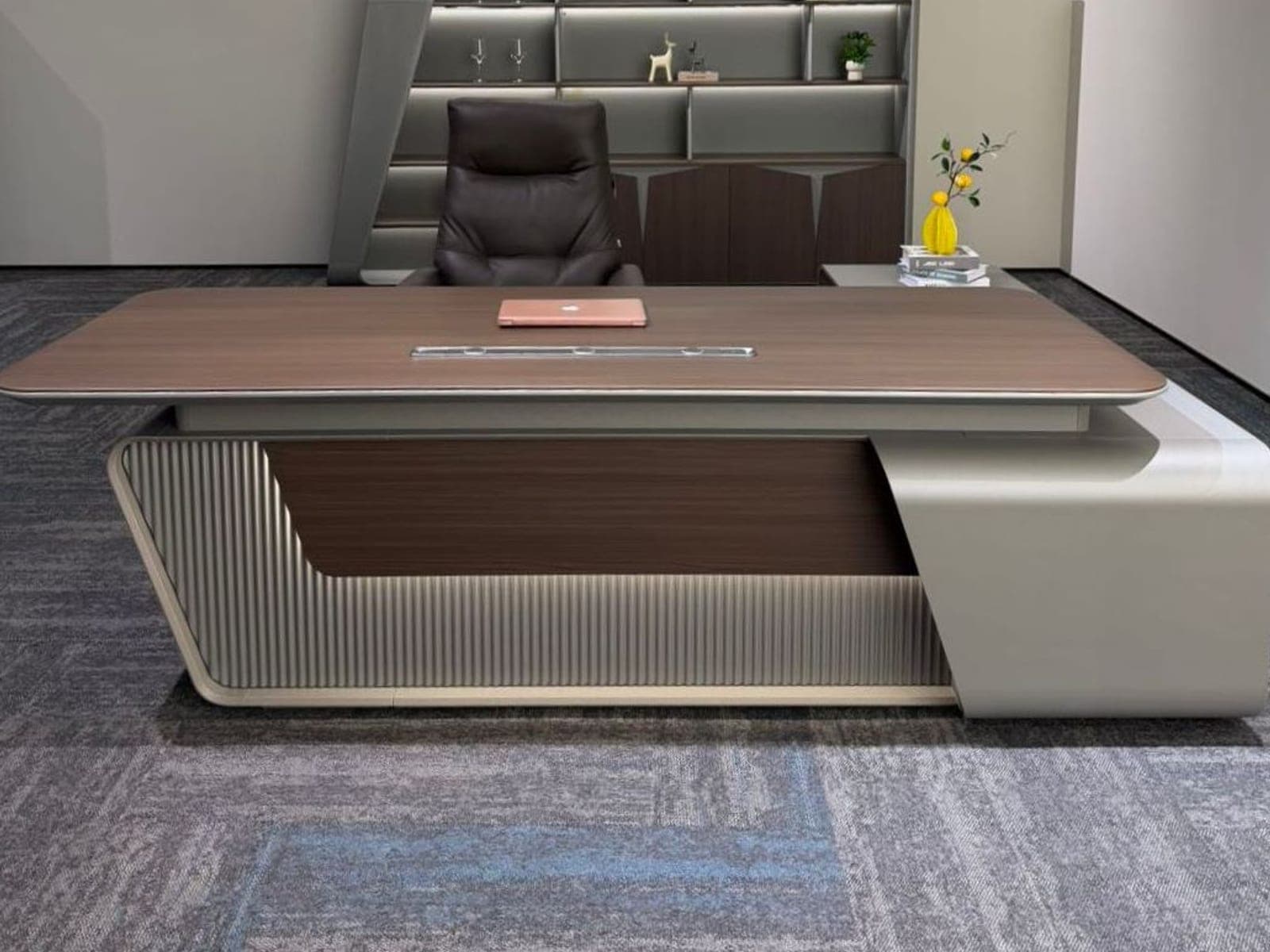 The Meridian executive desk with walnut top and fluted taupe base
