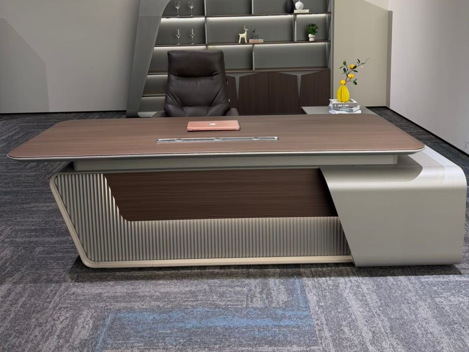 The Meridian executive desk with walnut top and fluted taupe base